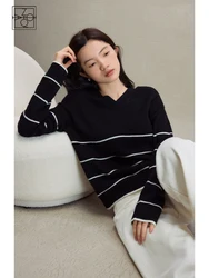 ZIQIAO Retro Cozy Black and White Striped Sweater for Women 2023 Autumn and Winter New V-neck Pullover Knitted Top Female