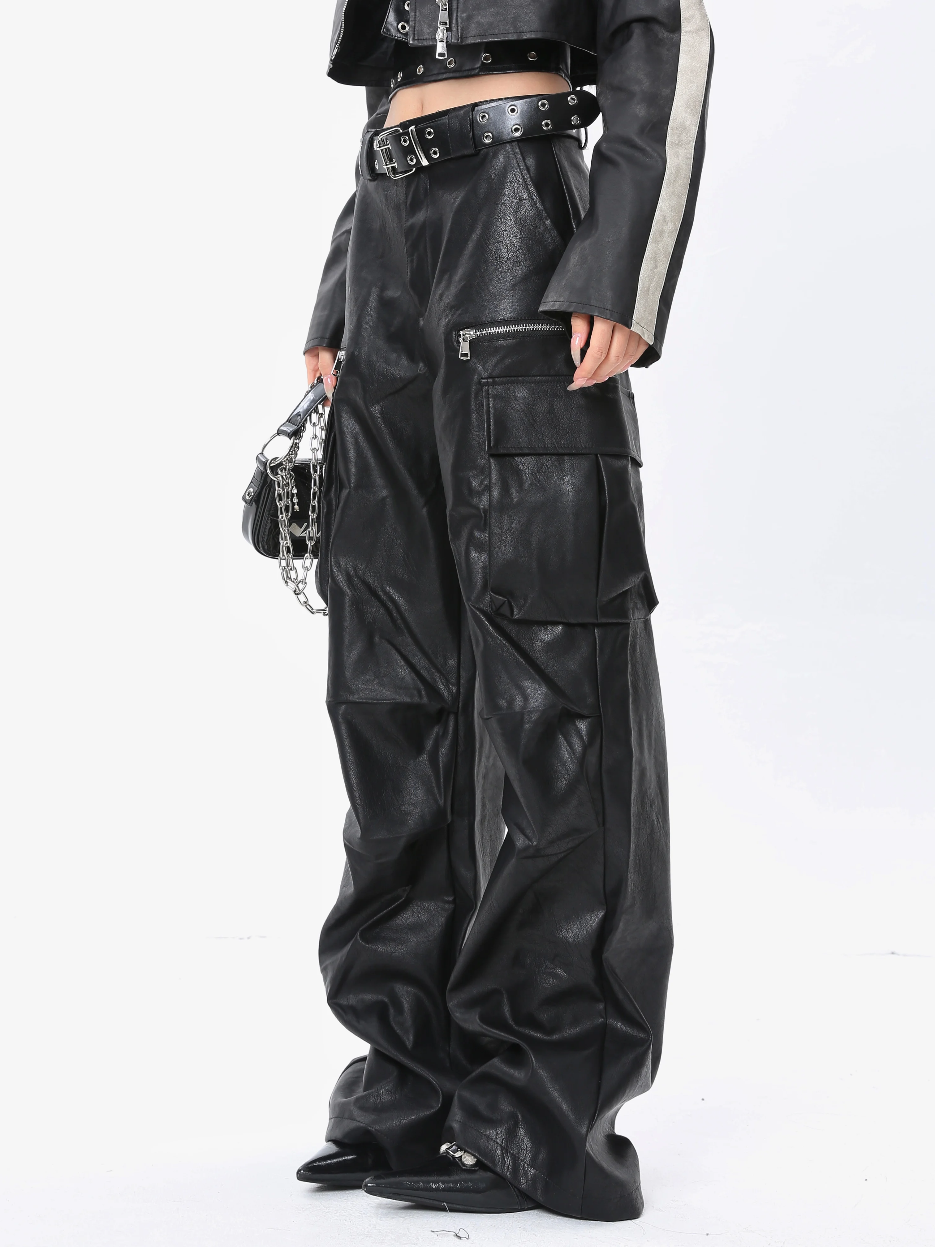 27-46 New Men Women's Clothing  Pocket Design Wide Leg Leather Pants Overalls Lovers Trousers Plus Size Singer Costumes