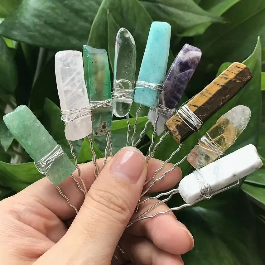 

Natural Stone Slice Hair Pins Tiara,Silvery Wire Wrapped Healing Crystal Quartz Party Bridal Women Barrette Hair Jewelry QC5038