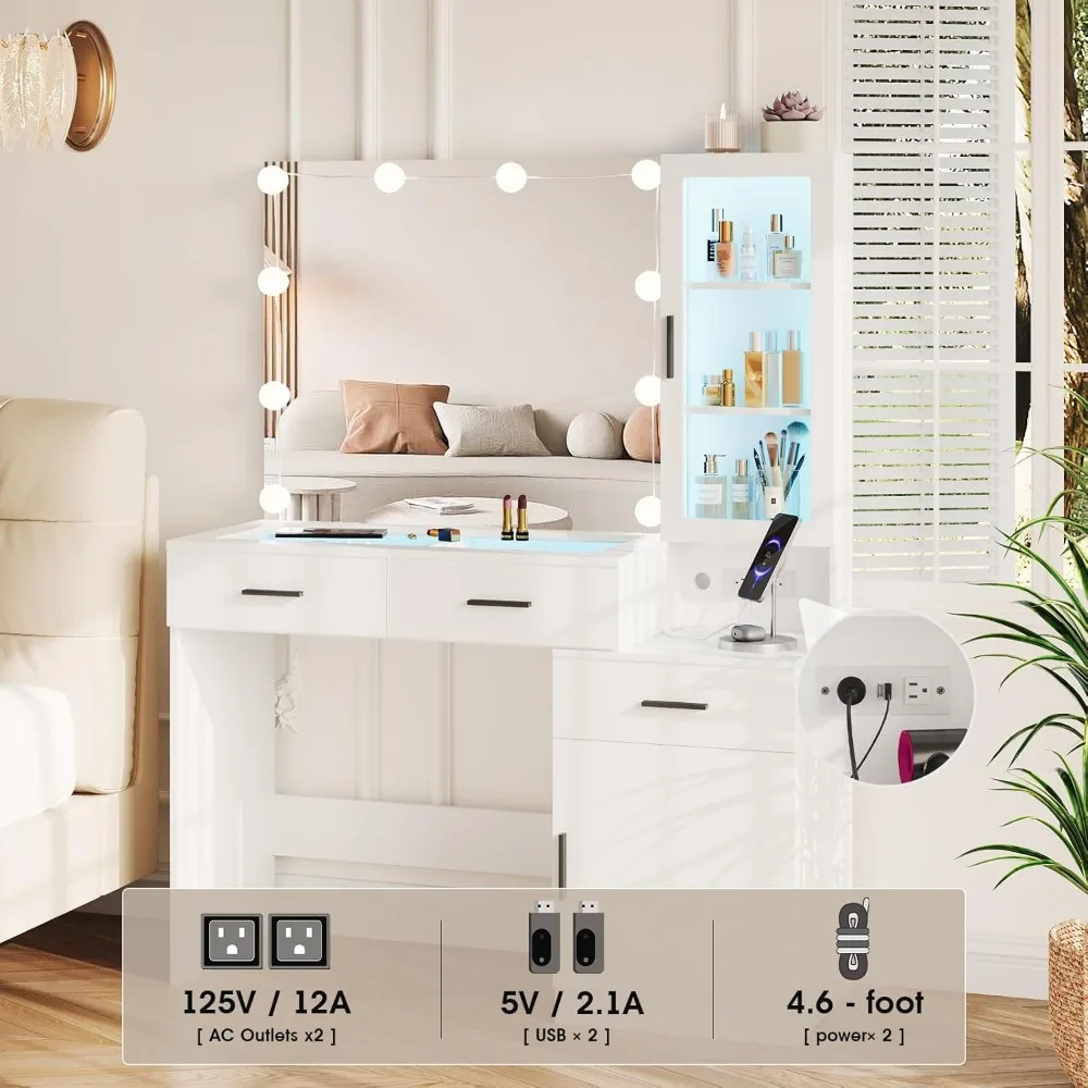 โต๊ะเครื่องแป้งขนาด 43 นิ้ว พร้อมท็อปกระจก, โต๊ะเครื่องแป้งสีขาวพร้อมกระจกและไฟ & แท่นชาร์จ, ชุดโต๊ะเครื่องแป้งพร้อมไฟ RGB