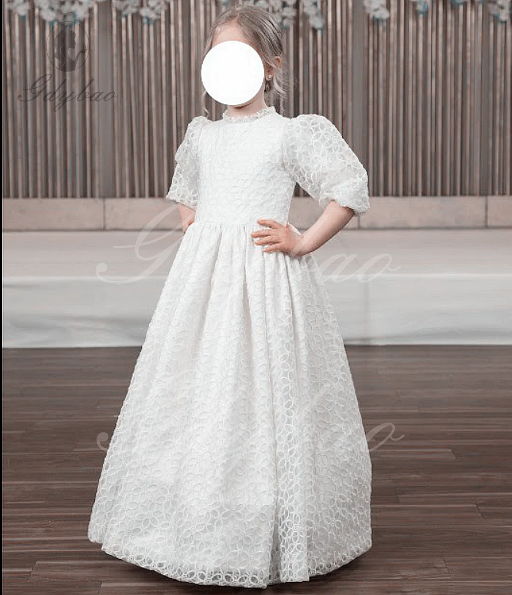 Weißes Blumenmädchenkleid aus Milchspitze für die Hochzeit, Stehkragen, Tüll, halbe Ärmel, geschwollen, für Kindergeburtstag, Erstkommunion, Ballkleider