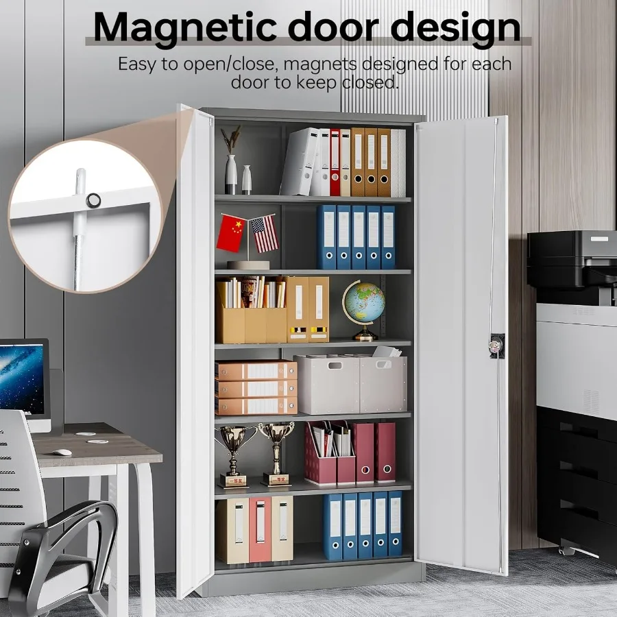 خزائن تخزين جراج معدنية مع قفل 72 خزانة أدوات طويلة مع بابين و5 أرفف قابلة للتعديل قفل خزائن المرآب والموقع #5