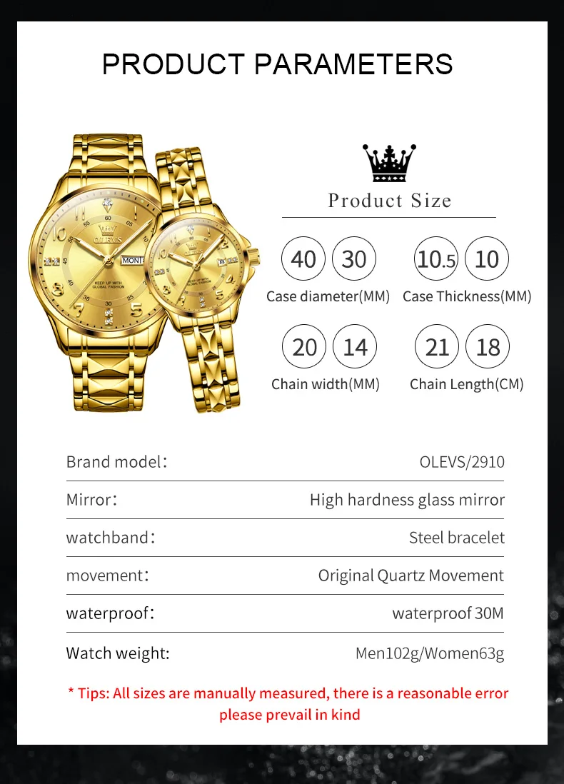 OLEVS 2910 Original Couple Watch Calendar Waterproof Luminous Quartz Wrist Watch for Men Women Luxury Brand Lover's Hand Clock