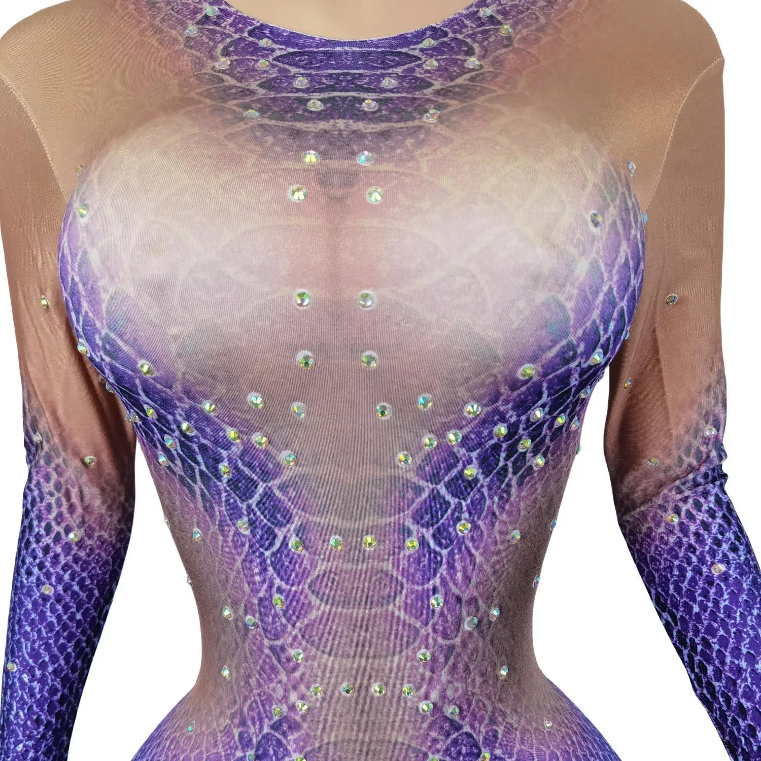 Stretch Tight Jumpsuits for Women Purple Snakeskin Pattern Rhinestone Bodysuits Cosplay Costumes Nightclub Showgirl Wear Zishe