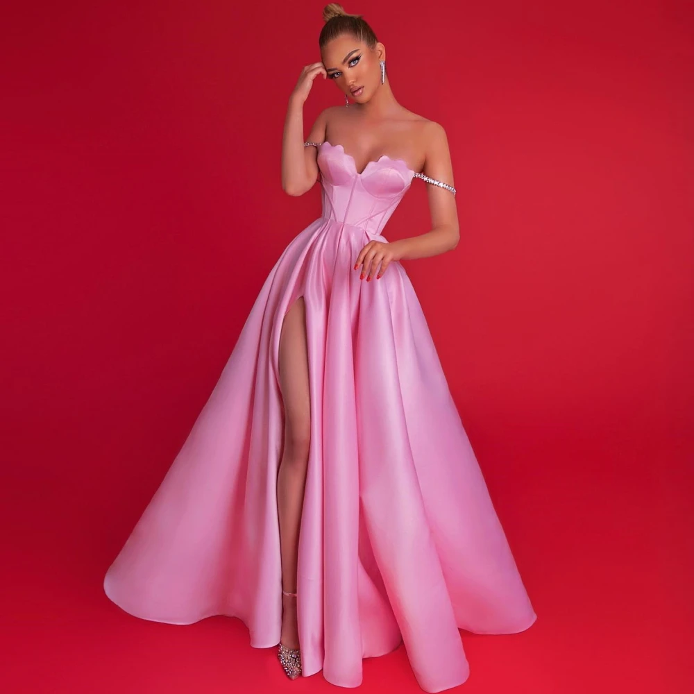 Carolina Off the Shoulder Sleeveless High Split Evening Dresses فساتين سهرة Women's Pink Prom Dresses Formal Occasion Party