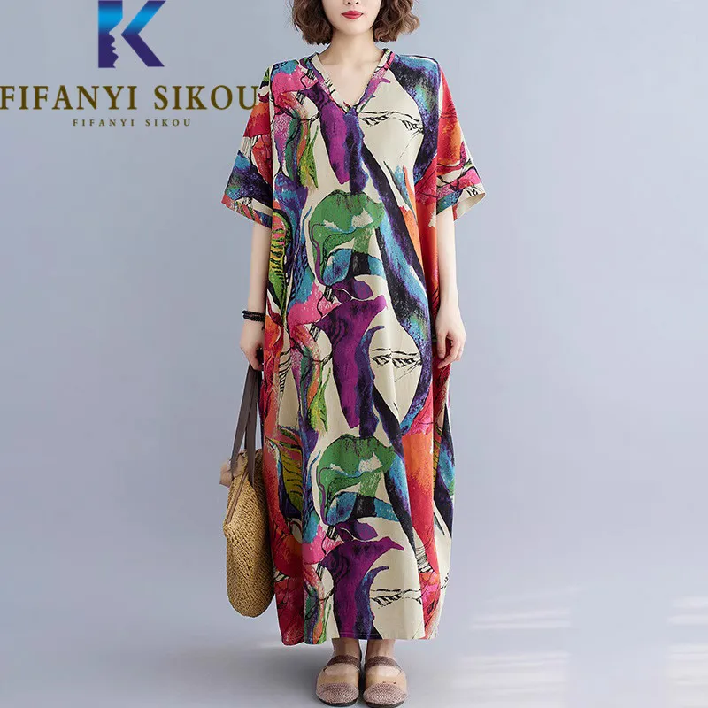 

Hand-Painted Print Dress Women Oversize Loose V-Neck Short Sleeve Vintage Dress Pocket Fashion Summer Long Dress Female