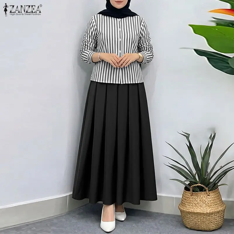 ZANZEA Modest Muslim Outfits Summer Long Sleeve Buttons -Up Striped Blouse Elastic Waist Pleated Skirt Suit Women Matching Sets