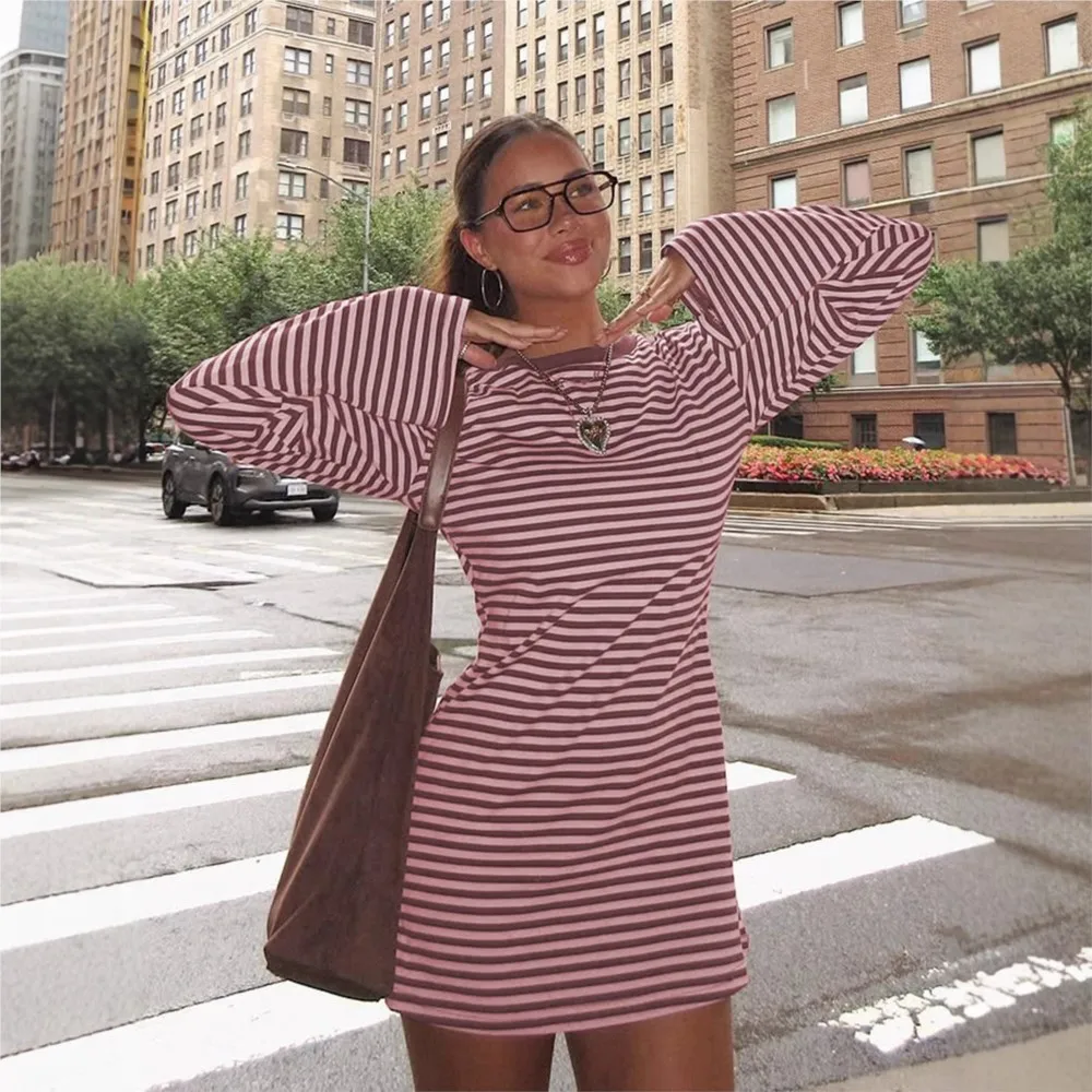 Jurken voor dames Ronde hals Gestreept vestidos Losse avondjurk met lange mouwen Contrast Comfortabel Casual Eenvoudige stijl Vakantie