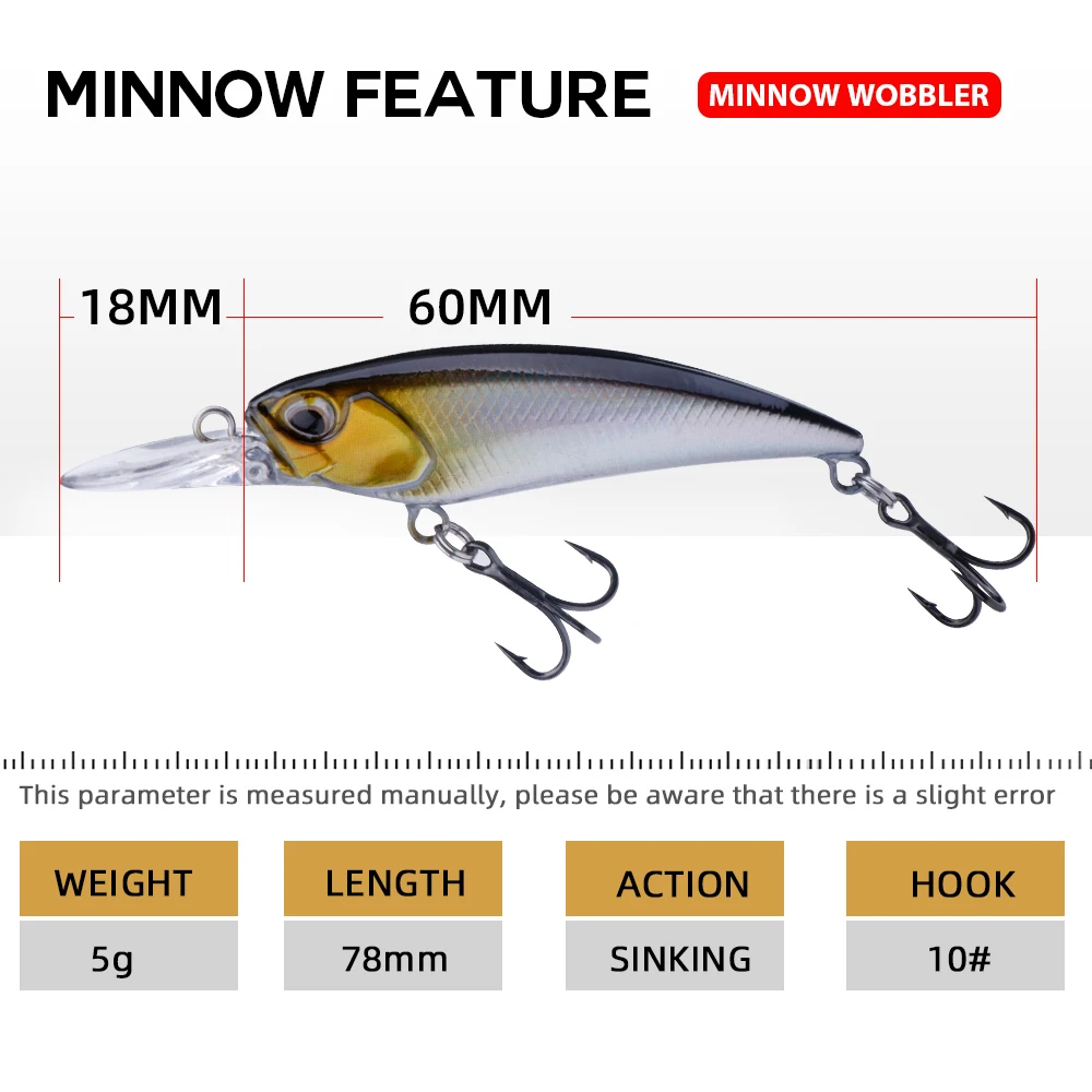 Agoie Bass Minnow Fishing Lures 78mm 5g Jerkbait Tonąca przynęta Twarde przynęty Crankbait na pstrąga sum Musky Bluegill Fishing Plug — zdjęcie 3