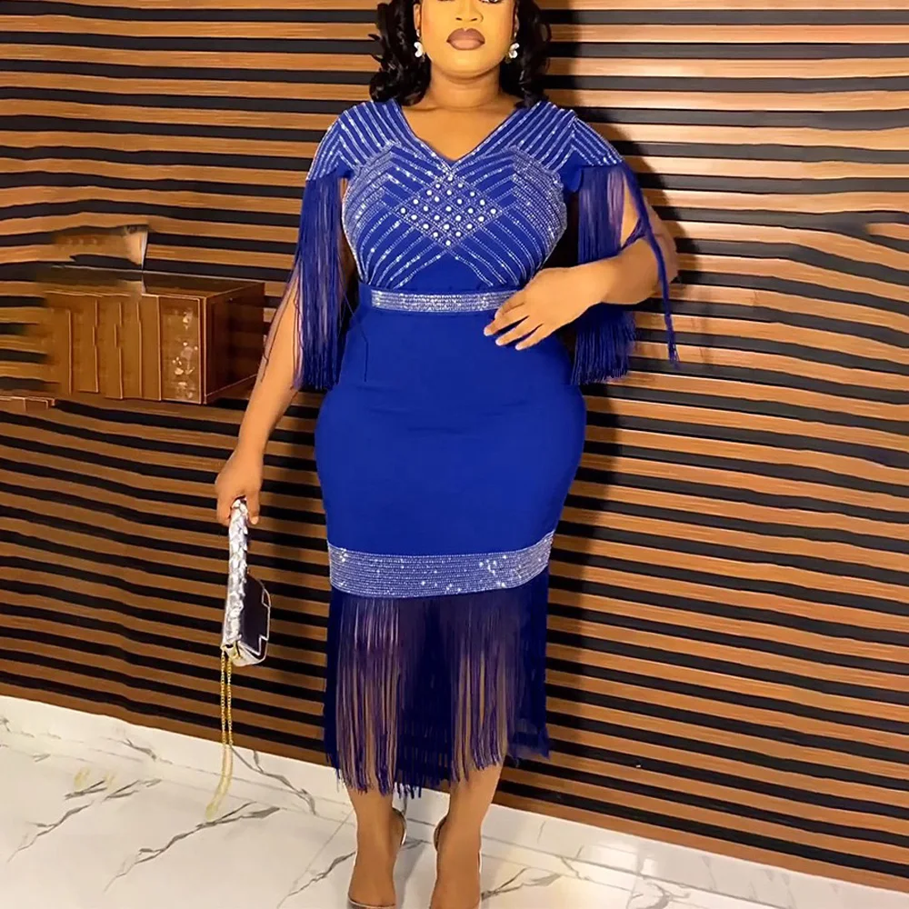 

Elegant African Dresses New Trends Luxury Diamond Tassel V Neck Sheath Mid Calf Modest Female Business Work Wear Gowns Clothes