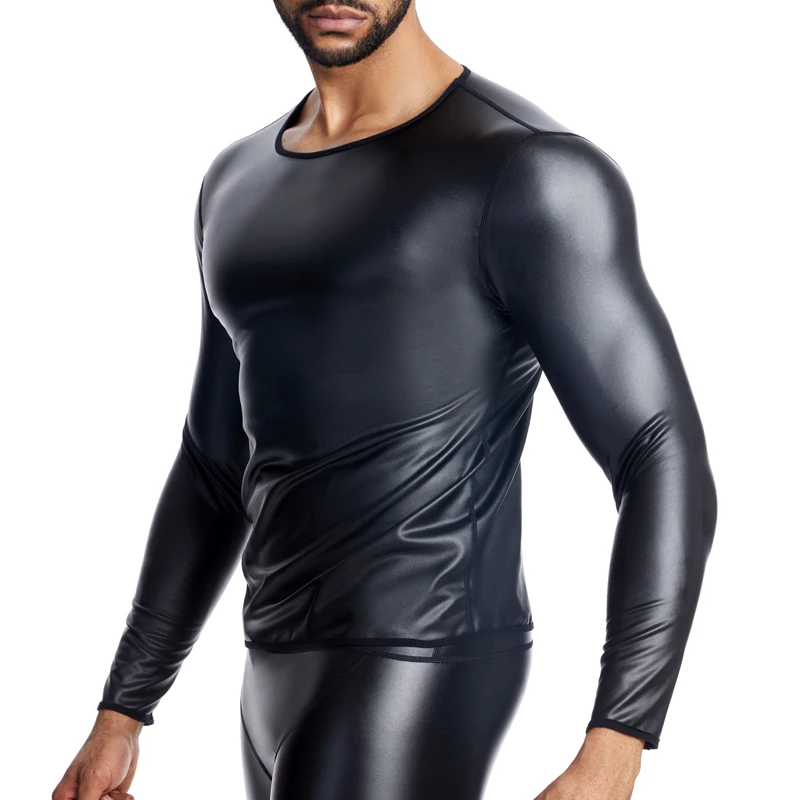 Men O Collar Long Sleeve Leather TShirt Slim Underwear Body Shapers Waist Trainer Corsets Tummy Shapewear Fitness Leather Shirts