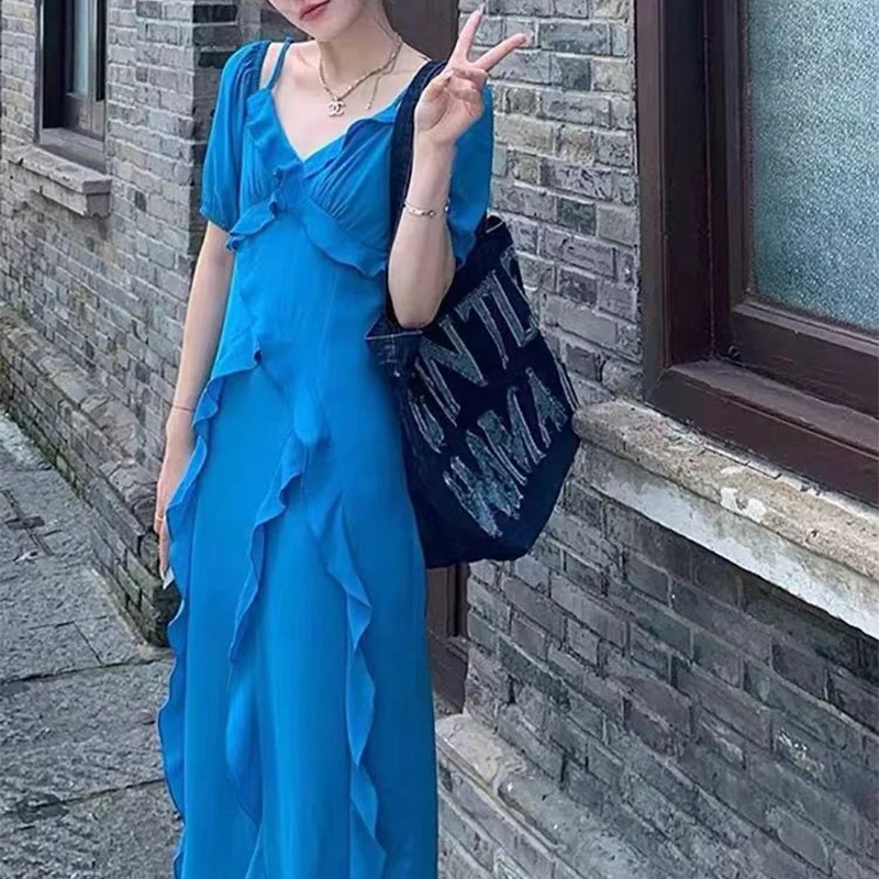 Zomer Rompertjes Bloemen Vrouwen Enkellange Jurken Hollow Out Fashion Split Vork Ruches Franse Elegante Rok Kleding Blauw Zwart