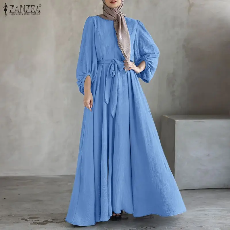 ZANZEA Muslim Modest Maxi Dress Women O-Neck Lantern Sleeve Sashed Loose A-Line Abaya Robes Islamic Hijabis Eid Ramadan Kaftan