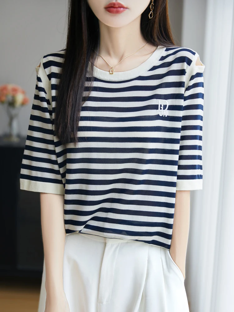 

New Summer Short Sleeves O-Neck T-Shirt Off Shoulder StripeT-Shirt Women's High Grade T-Shirt Fashion Comfortable Leisure T Tops