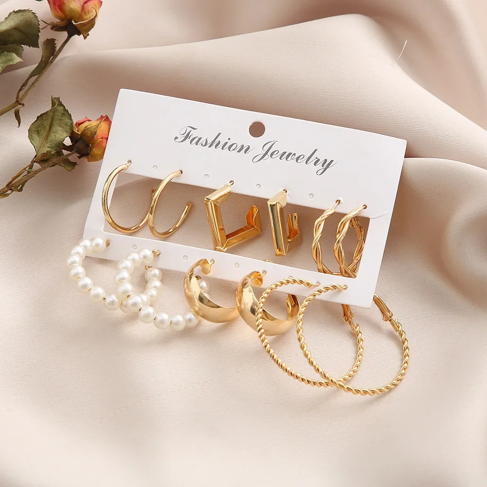 Boho Big Circle Hoop Earring Set for Women, Gold Color Bohemia Vintage Pearl Earring Heart Zircon Ear Studs Jewelry Gifts