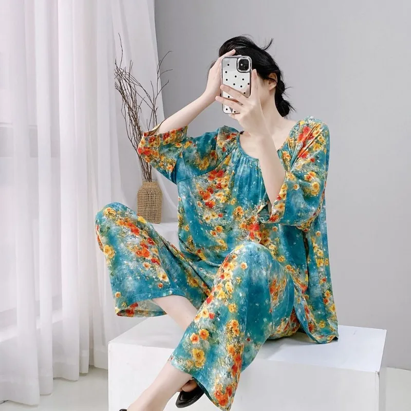 New Spring and Summer Cotton Silk Pajamas Women Round Neck Thin Summer Cool Moon Dress Silk Suit Big Size Beautiful Sleepwear