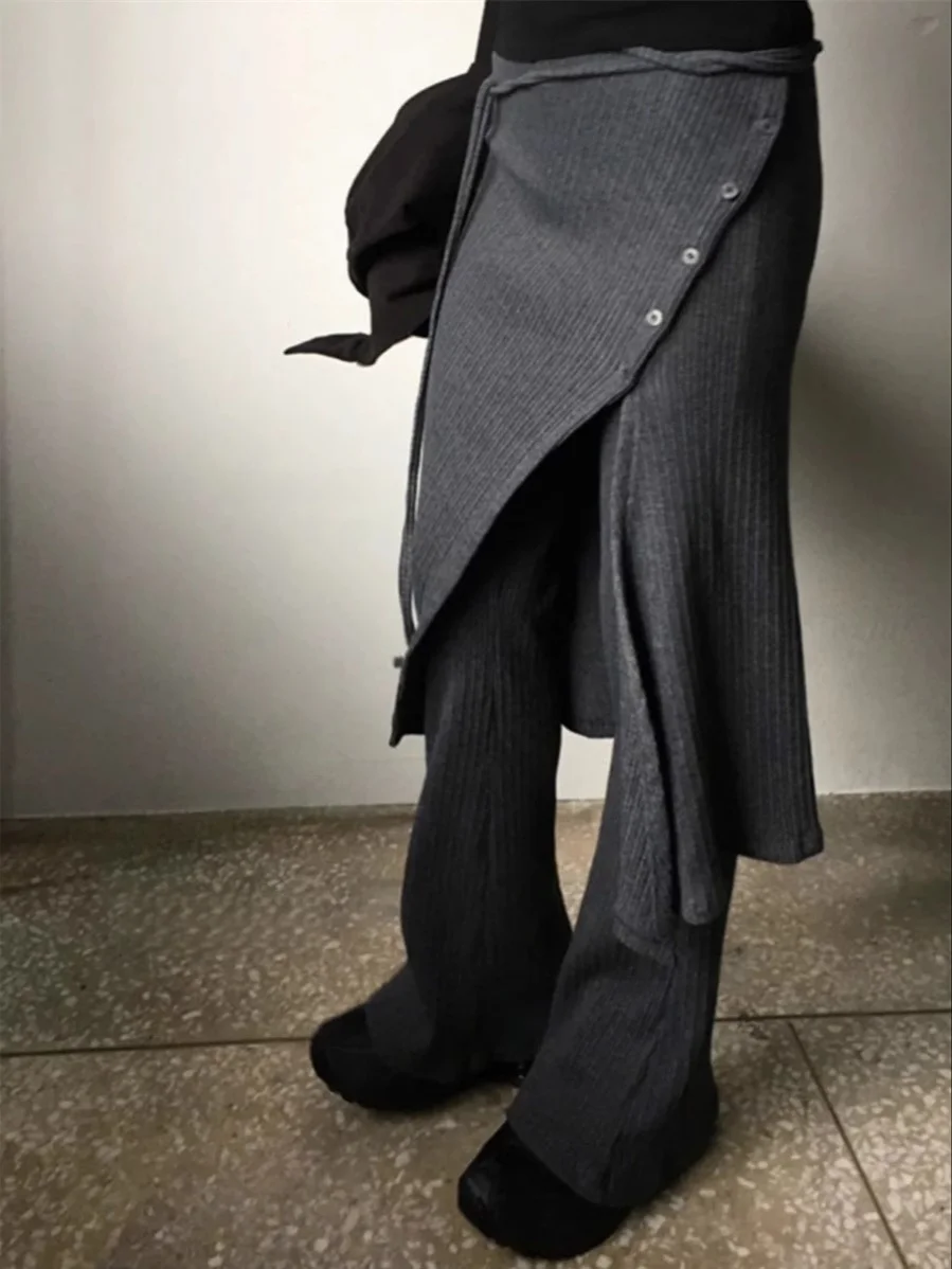 유니크 스트리트 감각 나사 니트 캐주얼 여밈 스트랩 스커트 치마바지 투피스