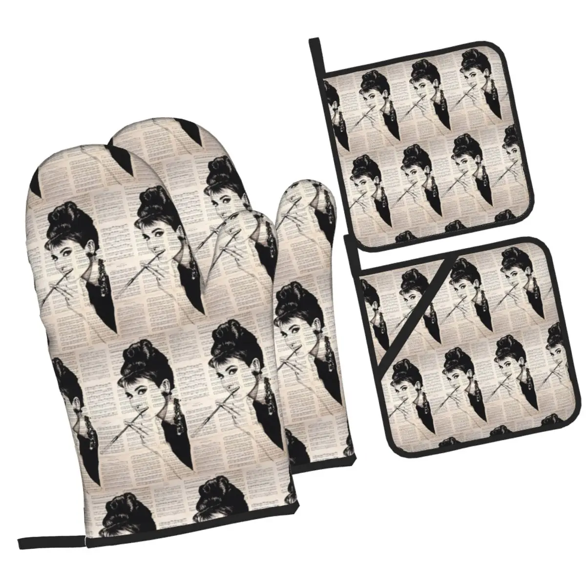 Audrey Hepburn Oven Mitts and Pot Holder Sets of 4 for Baking Kitchen Cooking Grilling Resistant Non-Slip Gloves