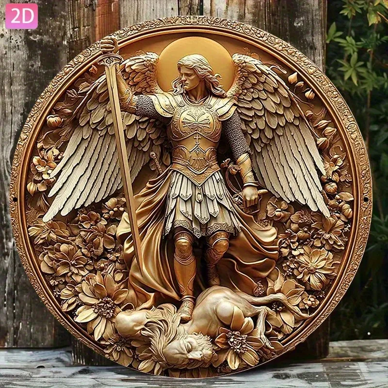 Vintage Metal Wall Art Archangel Michael Sword & Shield Sign for Garden Home Decor 20x20cm