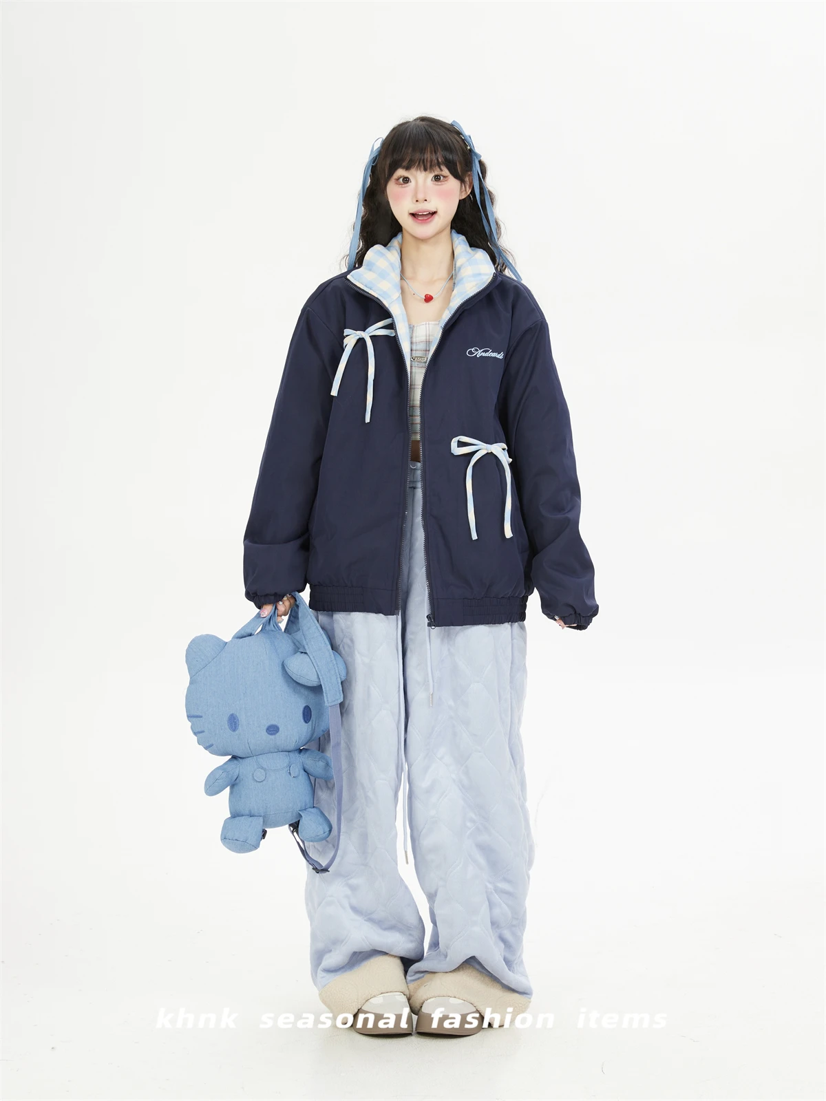 Premium Bow Plaid Splicing Stand-up Collar Jacket Cotton-padded Clothes Women Winter Loose Thickened Loose Cotton Clothes Jacket