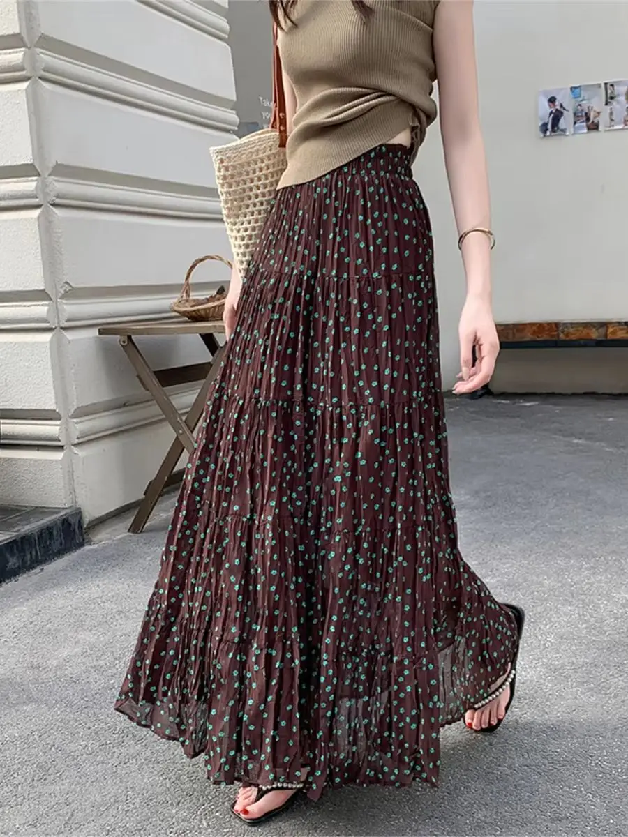 Elegant Brown Floral Printted Midi Skirt 2026 Summer New Arrival Brown Background and Green Flowers Slimming Chiffon Skirt