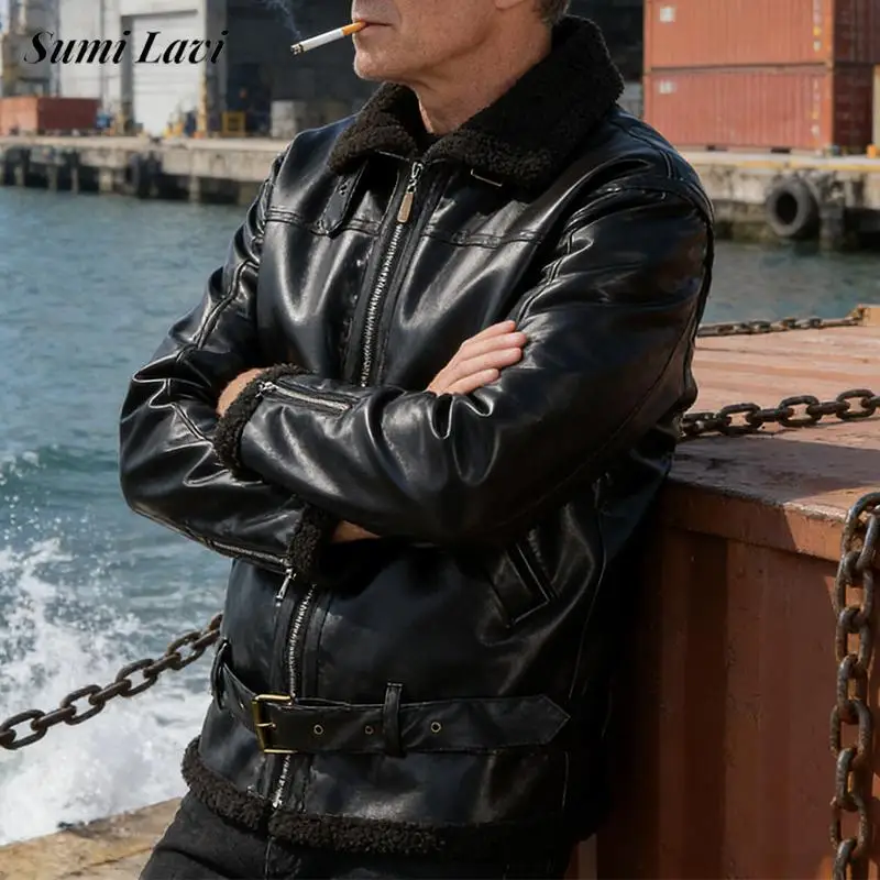 

Fashionable Mens Patchwork PU Leather Jacket Coat Autumn Winter Warm Zipper Wool Lapel Coats Men Vintage Solid Color Outerwear