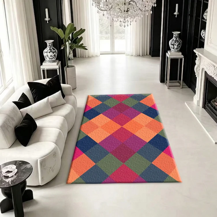 Retro Diamond-Shaped Geometric Carpet Decorates the Living Room and Bedroom Interior