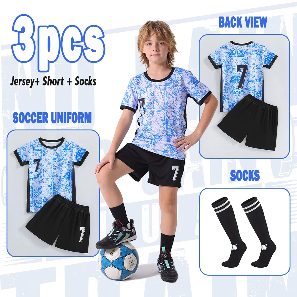 Kids Football Jersey Set Soccer No.7 Jersey Ice-blue Pattern T-shirt Short Socks Custom Name Number Teens Summer Sports Uniforms