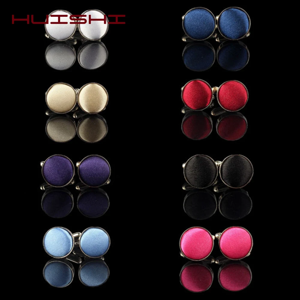 HUISHI รอบ Cufflinks Mens ธุรกิจเสื้องานแต่งงานผู้ชาย Cufflink Solid ผ้ารอบ Cuff Links อุปกรณ์เสริมขายส่ง