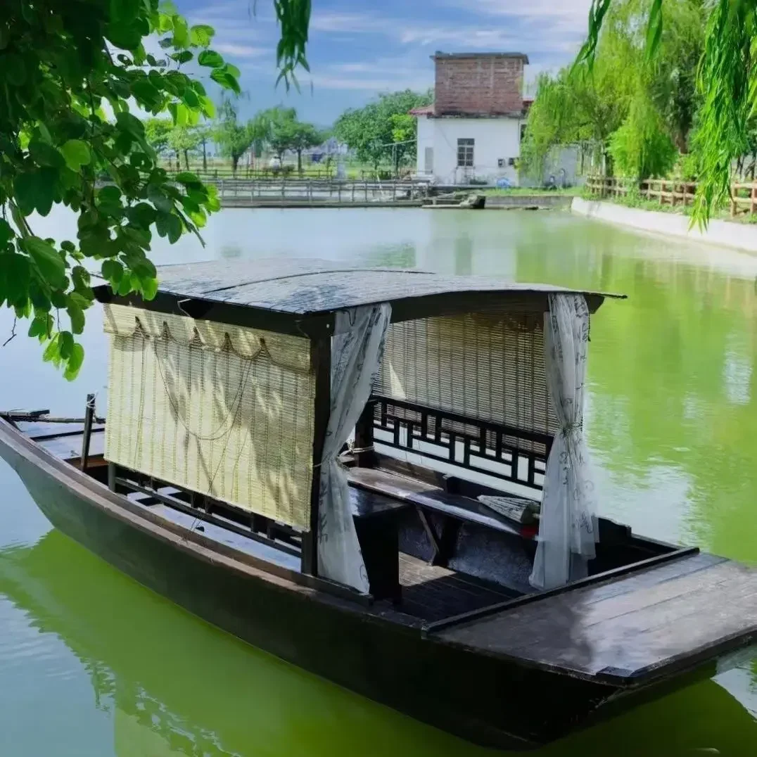 Landscape wooden boat single canopy catering boat electric sightseeing cruise ancient style