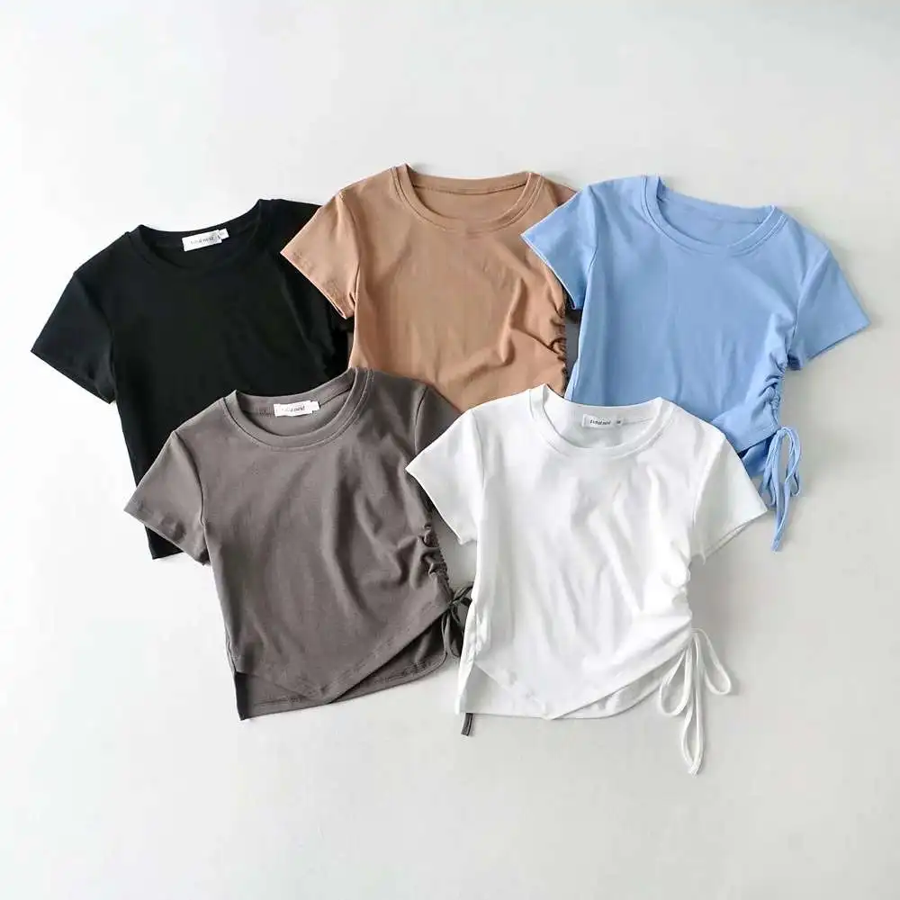 

Модная женская футболка Dstring Hem ort Sve, хлопковый круглый женский топ Ne ort Length Color Spring Faion