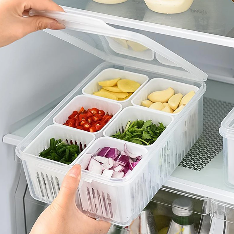 Refrigerator Storage Box 4/6 Grid Food Vegetable Fruit Storage Box Fridge Organizer Drain Basket Meat Onion Ginger Clear Crisper