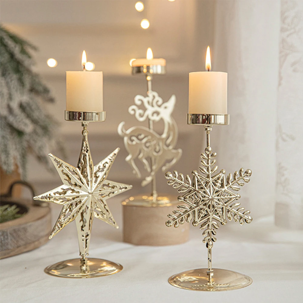 Christmas Metal Snowflake Tree Candle Holders Star Elk Candlestickfor Merry Christmas Xmas Table Candle 2027 New Year Decor