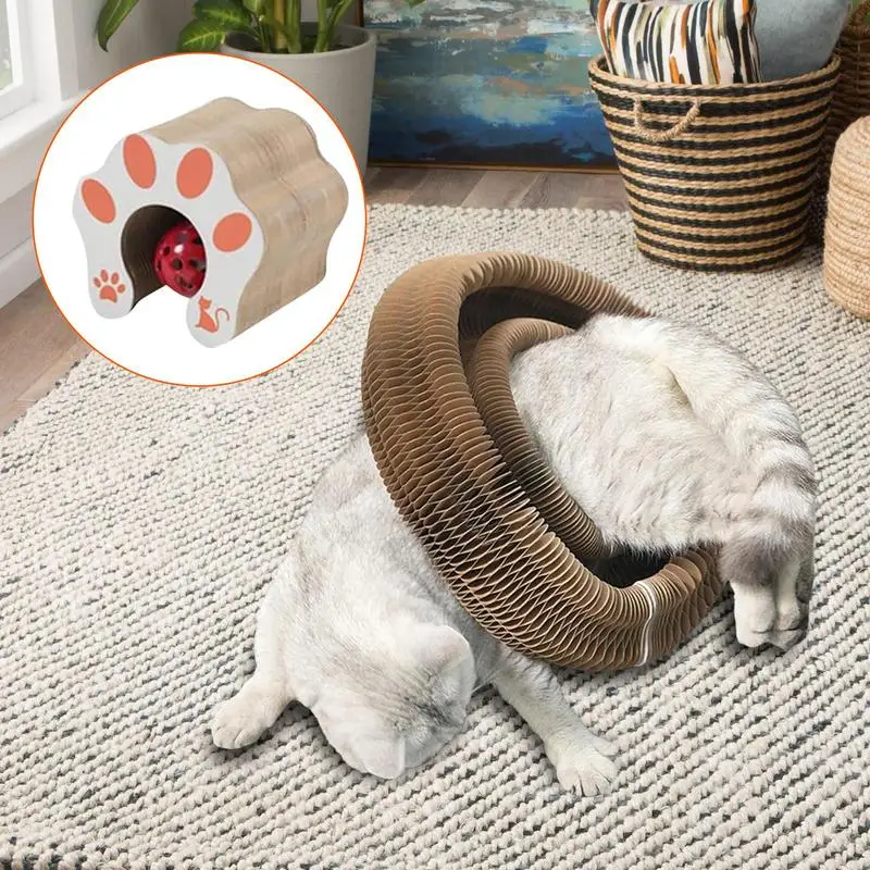 Cat Scratch Pad Round Cat Scratcher Ramp Interactive Cat Cardboard Toys Foldable Cat Accordion Toy With Bell Ball For Cat Play