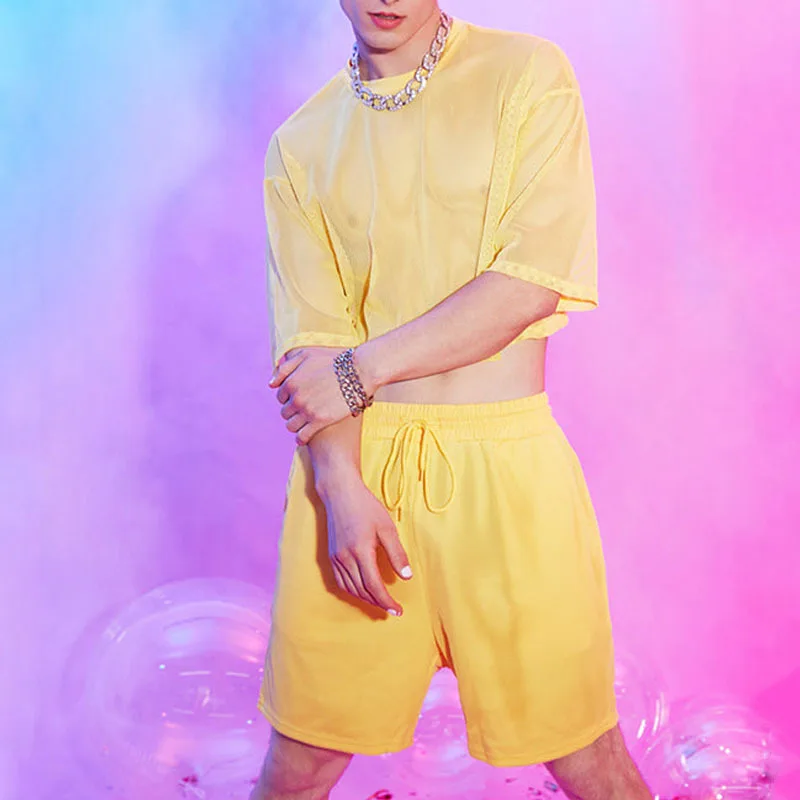 

Сетчатая футболка с короткими рукавами, шорты, облегающий модный мужской костюм, летняя сексуальная полая короткая одежда для мужчин