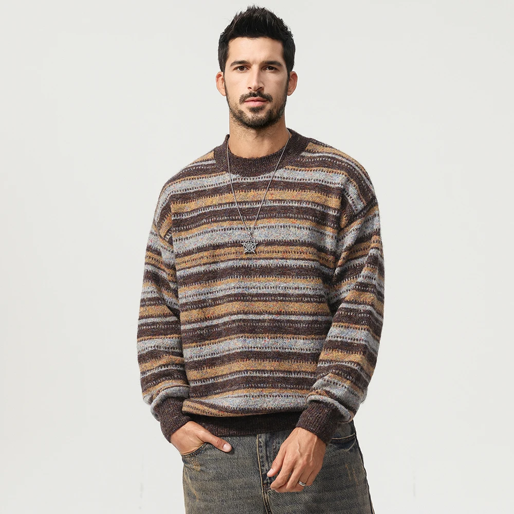 

Men Vintage Stripe Loose Casual Autumn Winter Knitted Pullover Sweaters Tops Man Streetwear Knitwear Jumpers Clothes