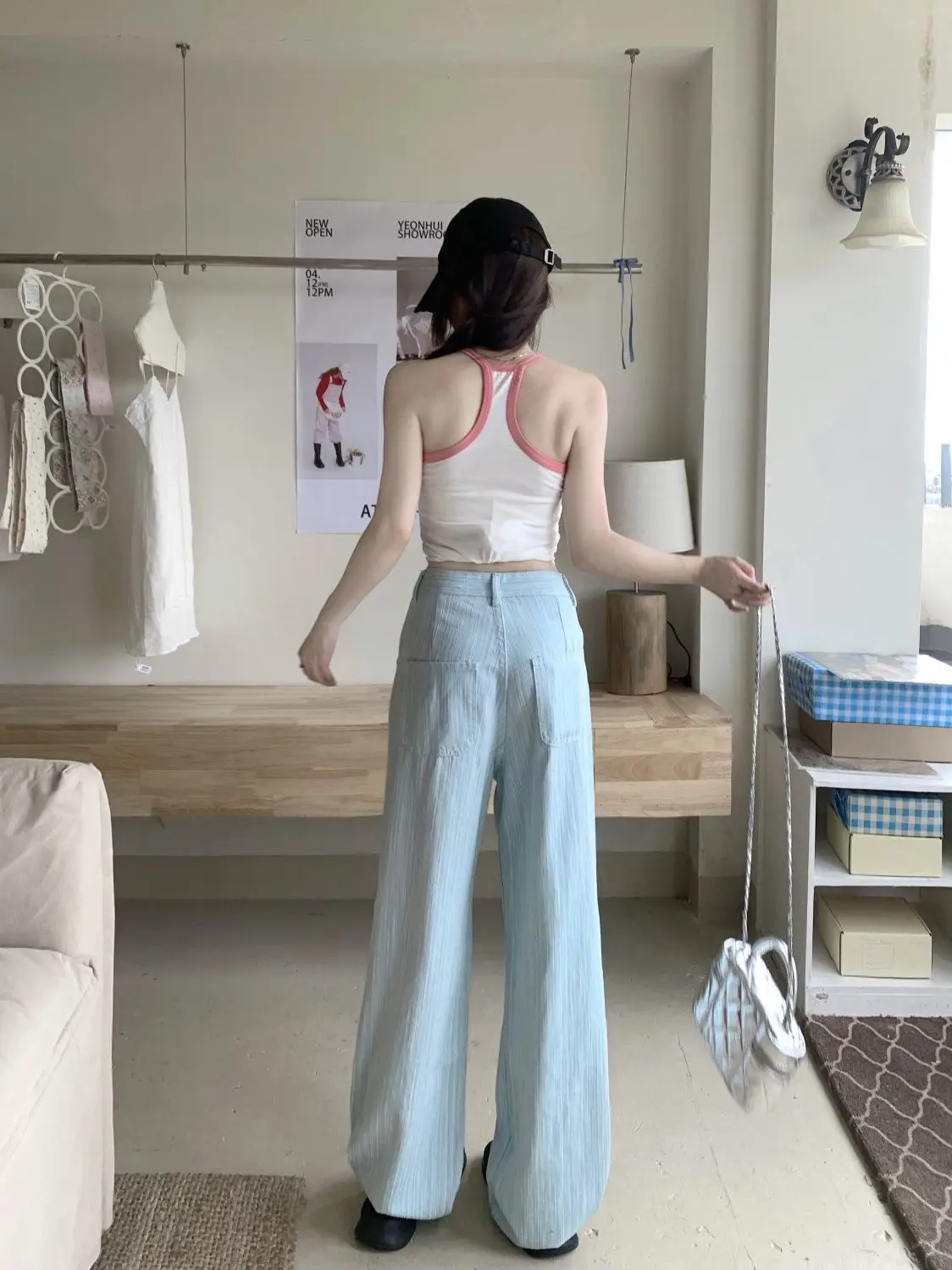 Jeans hellblaue Frauen Streifen weites Bein Vintage Street Style Baggy Bottoms junges Mädchen Freizeit hose weibliche Hose