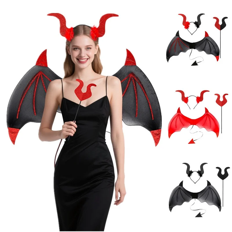

loween Par Costume Prop Bat Wings Devil Horn Headband Set Performance Clothes Small Devil Theme