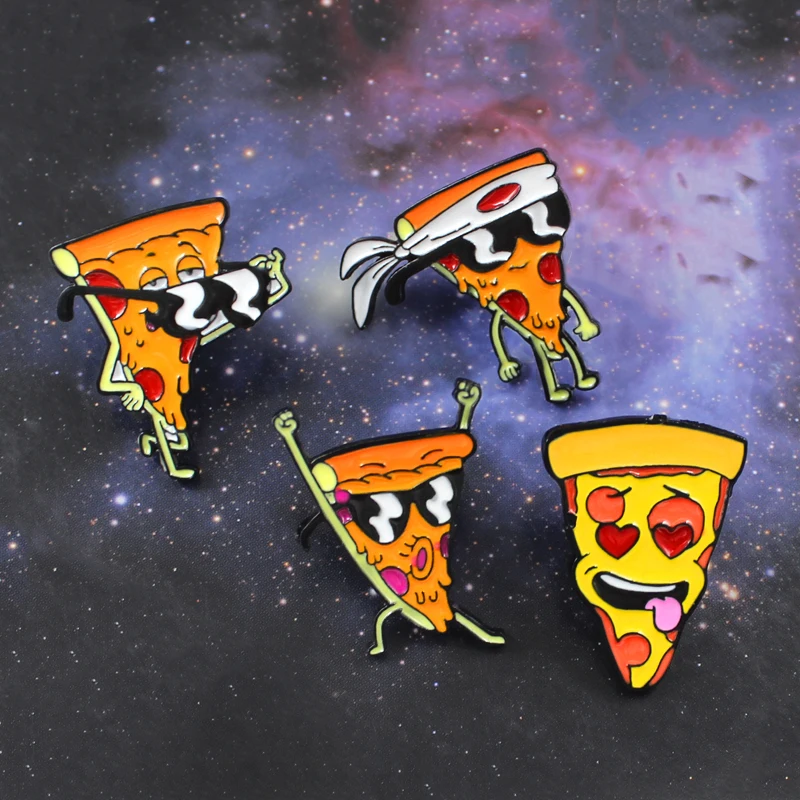 Bros kacamata lucu bando Jepang tersenyum Pizza Man Lapel pin makanan bros hadiah untuk pecinta pizza Pizza Man pin