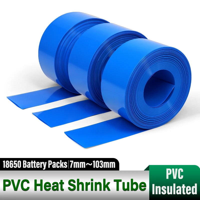 1/3/5M Blue 18650 PVC Heat Shrink Tube 7~103mm Precut Shrinkable Tubing Insulated Lithium Battery Wrap PVC Film Cable Protection