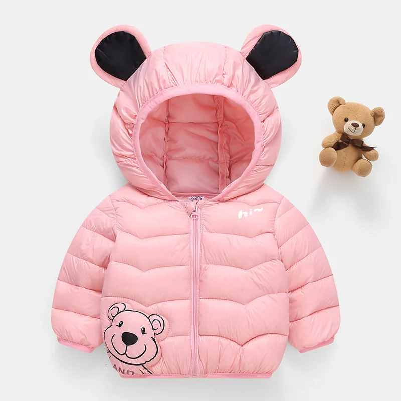 New Kids Warm Down Coats 2024 Winter Boys Girls Thin Jackets Bear Print Zipper Coat Children Hooded Short Outerwear Baby Clothes