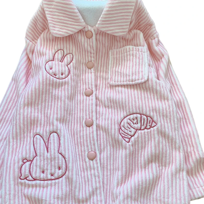 Miffy Kawaii Anime Cartoon Pajamas Female Winter Flannel Thicken Stripes Printing Embroidery Pocket Coral Fleece Home Suit