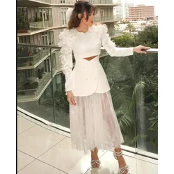 Customized Long Sleeves Formal Evening Dresses O-Neck Prom Dresses Pleated Tea-Length Party Dresses Special Events Gala