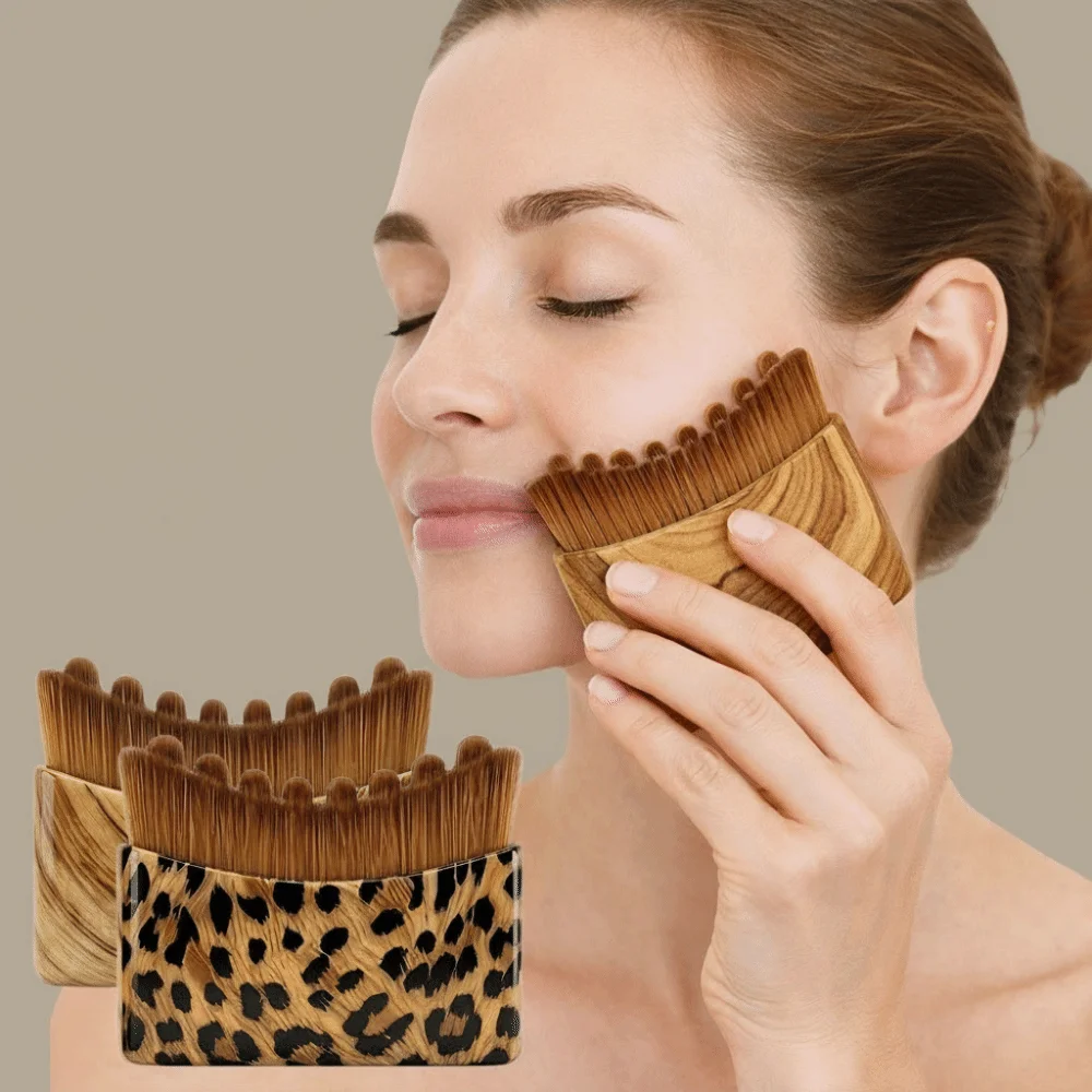 Leopard Print Lymphatic Contour Face Brush Square Shape With Storage Box Contour Face Brush Reduce Puffiness Chin Contour