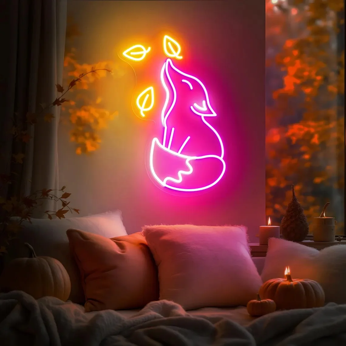 Fox with Autumn Leaf Neon Sign Cute Animal Wall Decor Custom Neon Sign