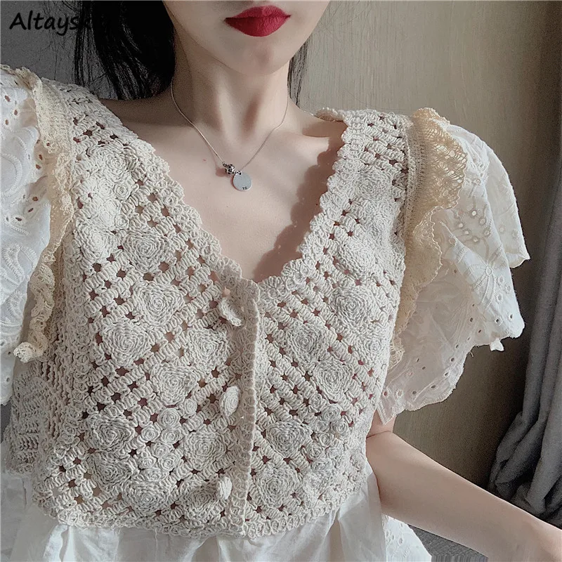 Blouses Women Sweet Floral Hollow Out Design Chic Popular Summer All-match Girls Blusas Top Lovely Vintage Basic Womens Shirts