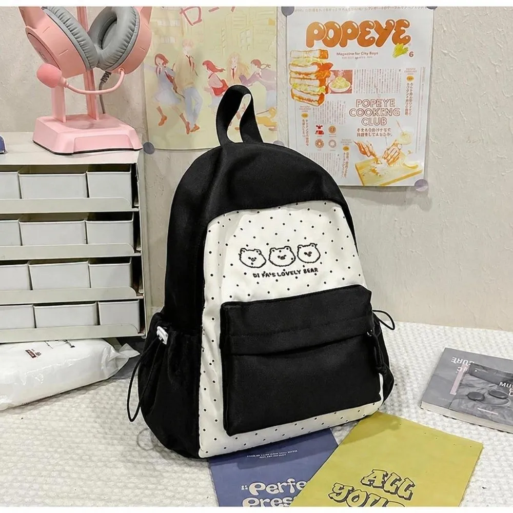 New Large Capacity Polka Dot Backpack Multifunctional Black Bear Schoolbag Lightweight Student Mochilas for Women