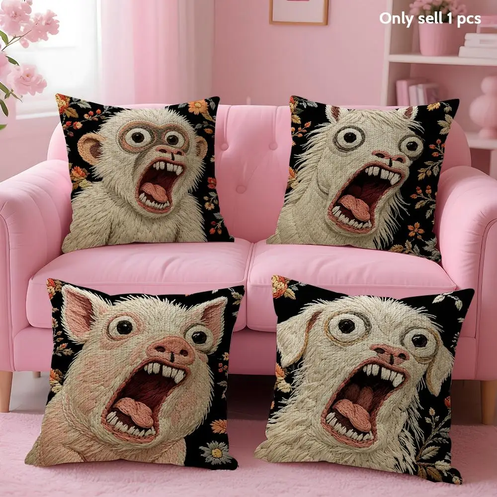 2D Beasts Roar With Wild Blooms Cushion Cover Linen Organic Fabric Double-Sided Printing Sofa Breathable Home Decor Pillow Case
