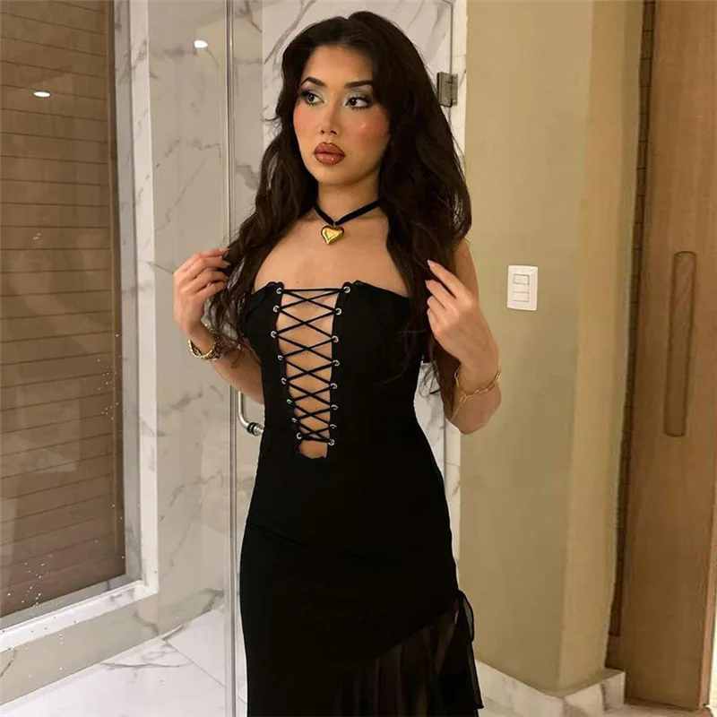 

2024 Spring Autumn New Women's Fashion Lace Placket Sexy Slim Leg Showing Long Dress Sexy Party Dress Club Clothing Vestidos
