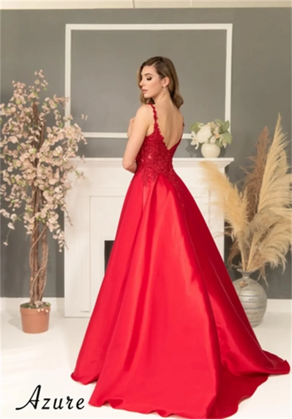 Annie gaun pengantin elegan merah gaun Prom Satin bordir mewah gaun acara resmi wanita model A-line